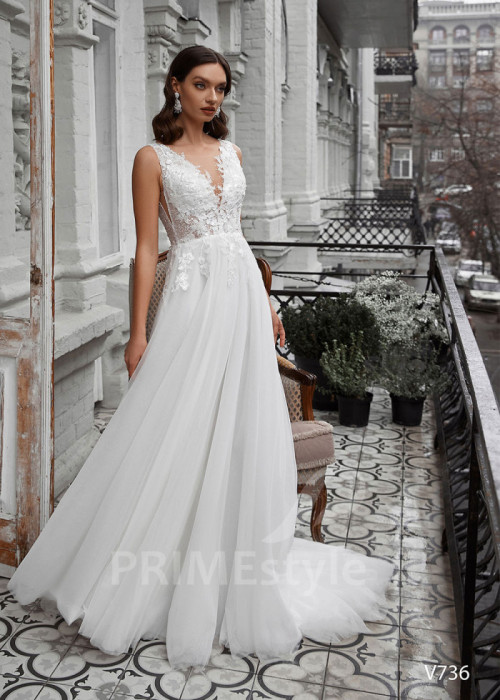 Jednoduché čipkované svadobné šaty LS736