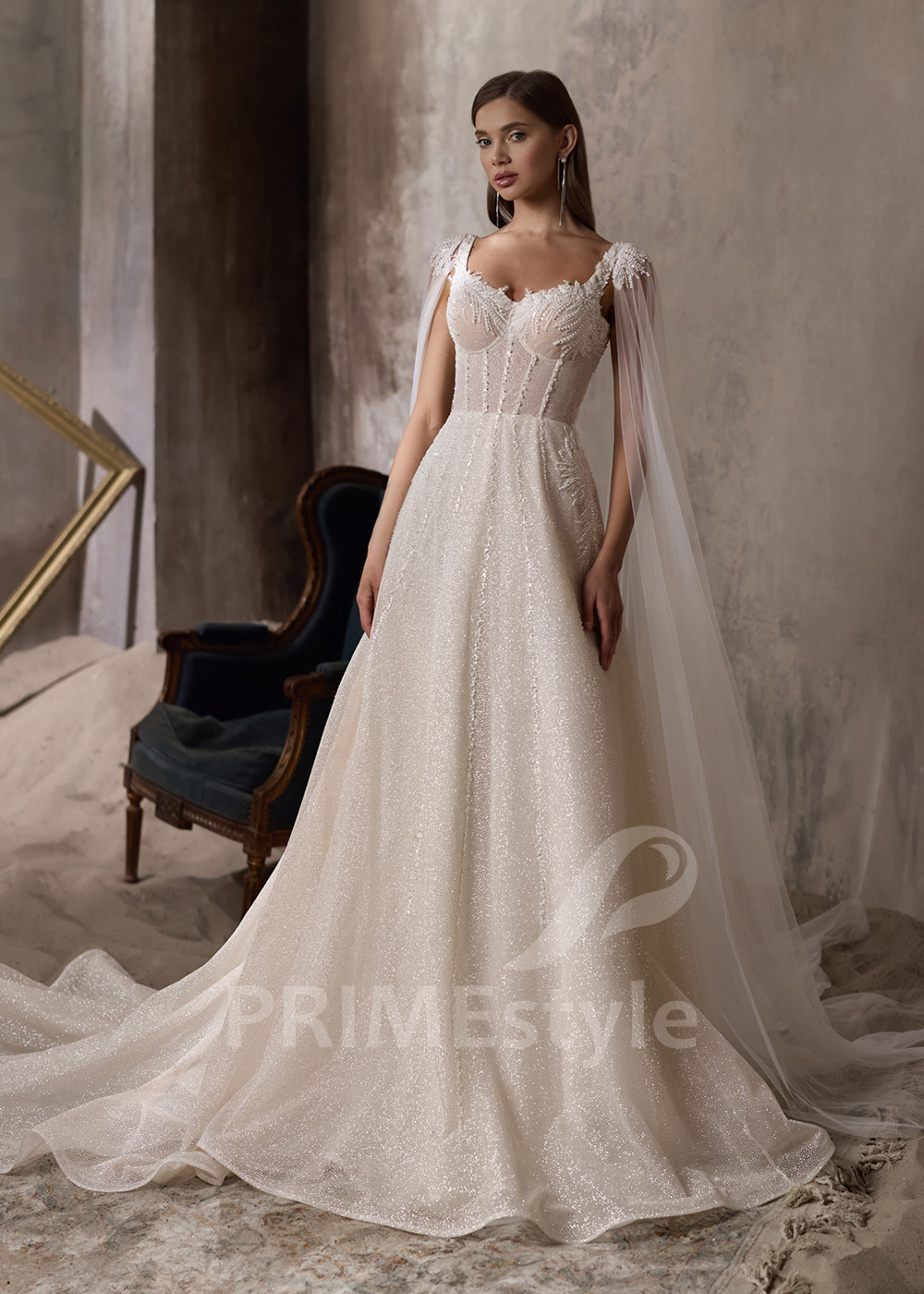 Svadobné šaty s dlhými prehozovými rukávmi LC2805