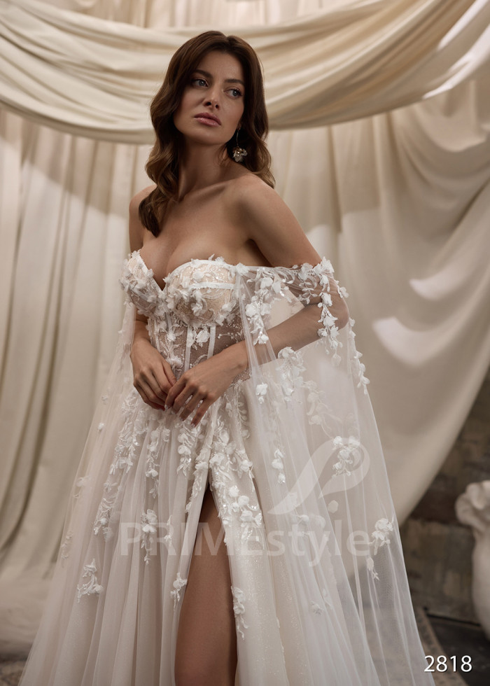 Romantické svadobné šaty s dlhými prehozovými rukávmi LC2818