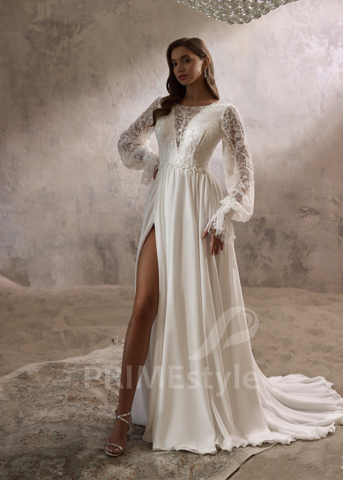 Romantické svadobné šaty s dlhým rukávom LC2832